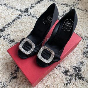 Roger Vivier Black Satin Jewel Peep-toe Pumps(New)